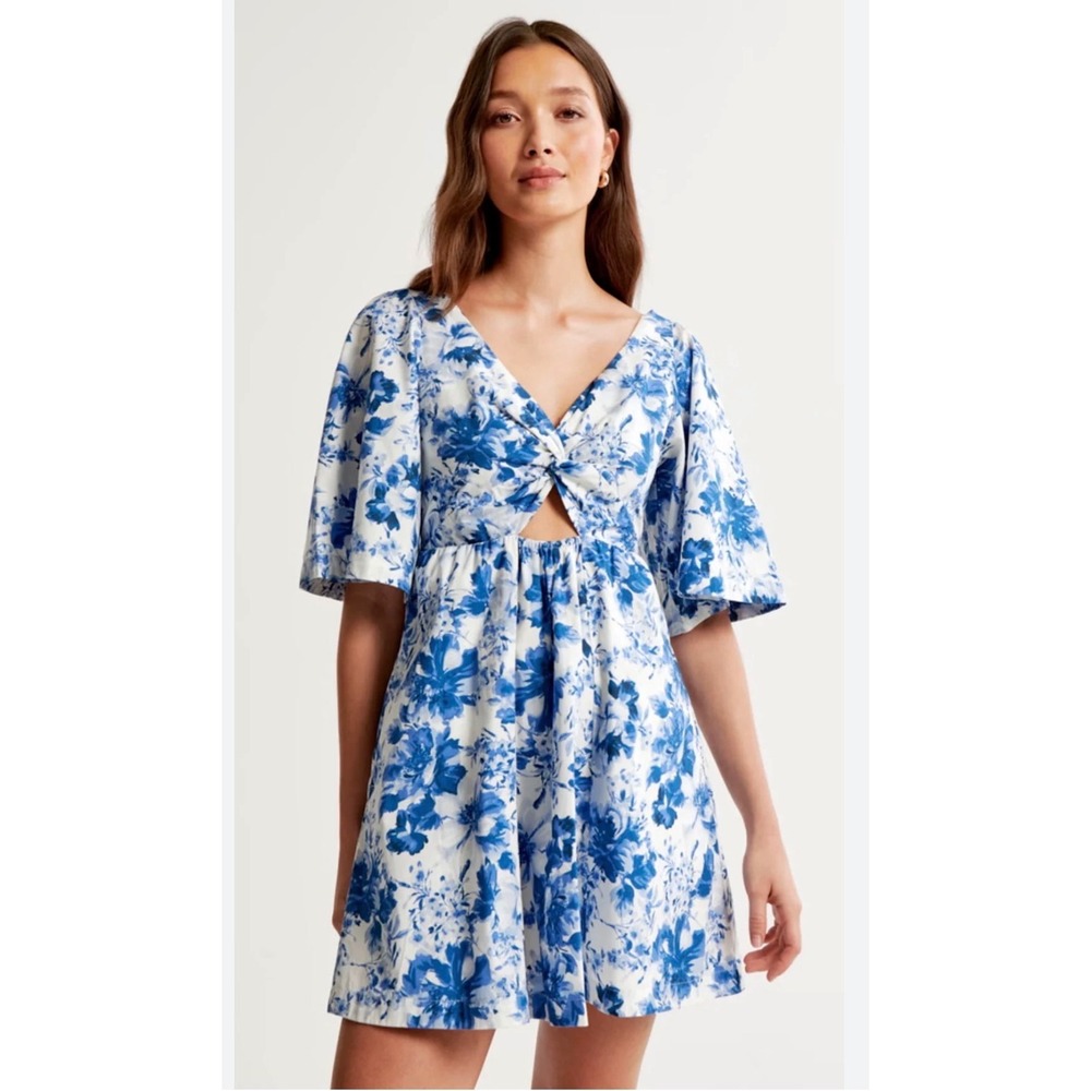 Abercrombie & Fitch Cut‎ Out Poplin Blue Floral Flutter Sleeve Mini Dress Medium